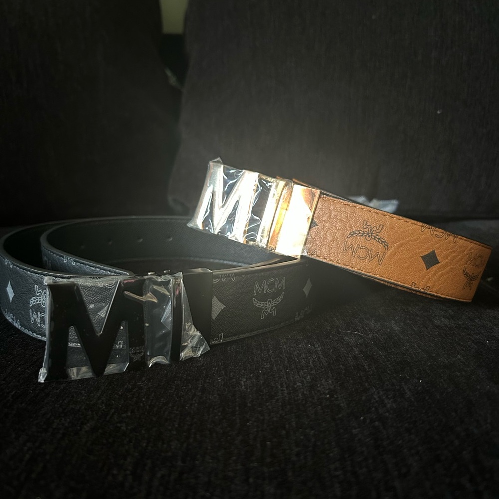 MCM Black and Brown Belt with Iconic 'M' Buckle